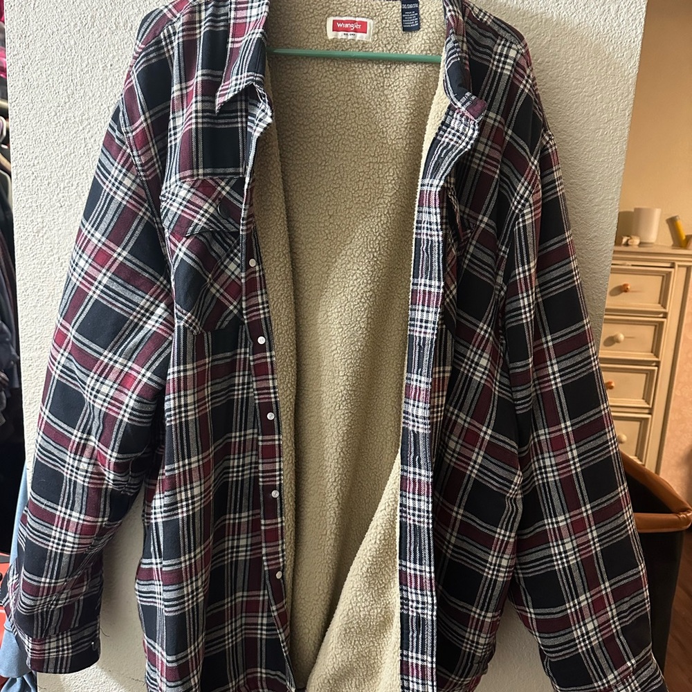 Wrangler Black and Burgundy Plaid Sherpa-Lined Button Down Shirt